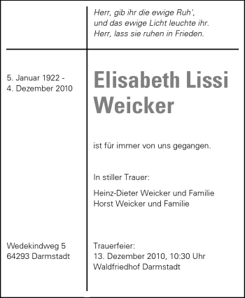 Traueranzeige von Elisabeth Lissi Weicker von Darmstädter Echo, Odenwälder Echo, Rüsselsheimer Echo, Groß-Gerauer-Echo, Ried Echo