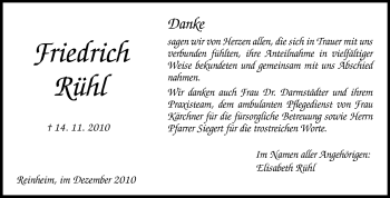 Traueranzeige von Friedrich Rühl von Darmstädter Echo, Odenwälder Echo, Rüsselsheimer Echo, Groß-Gerauer-Echo, Ried Echo