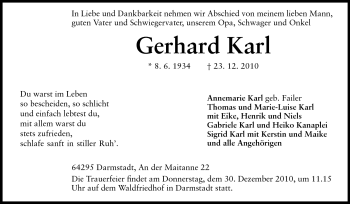 Traueranzeige von Gerhard Karl von Darmstädter Echo, Odenwälder Echo, Rüsselsheimer Echo, Groß-Gerauer-Echo, Ried Echo