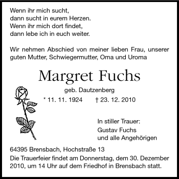 Traueranzeige von Margret Fuchs von Odenwälder Echo