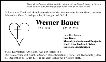 Traueranzeige von Werner Bauer von Echo-Zeitungen (Gesamtausgabe)