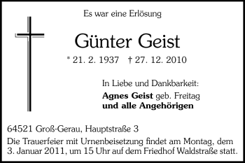 Traueranzeige von Günter Geist von Rüsselsheimer Echo, Groß-Gerauer-Echo, Ried Echo