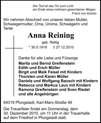 Traueranzeige von Anna Reining von Darmstädter Echo, Odenwälder Echo, Rüsselsheimer Echo, Groß-Gerauer-Echo, Ried Echo