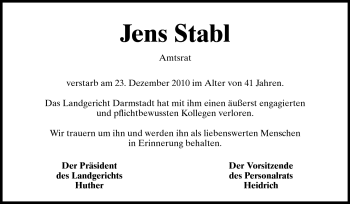 Traueranzeige von Jens Stabl von Echo-Zeitungen (Gesamtausgabe)