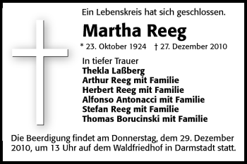 Traueranzeige von Martha Reeg von Darmstädter Echo, Odenwälder Echo, Rüsselsheimer Echo, Groß-Gerauer-Echo, Ried Echo