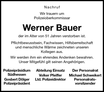 Traueranzeige von Werner Bauer von Darmstädter Echo, Odenwälder Echo, Rüsselsheimer Echo, Groß-Gerauer-Echo, Ried Echo