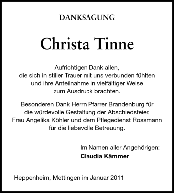 Traueranzeige von Christa Tinne von Starkenburger Echo