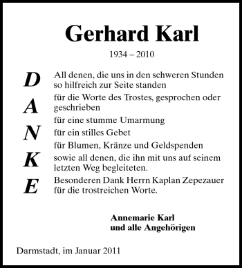 Traueranzeige von Gerhard Karl von Darmstädter Echo, Odenwälder Echo, Rüsselsheimer Echo, Groß-Gerauer-Echo, Ried Echo