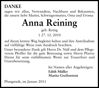 Traueranzeige von Anna Reining von Darmstädter Echo, Odenwälder Echo, Rüsselsheimer Echo, Groß-Gerauer-Echo, Ried Echo