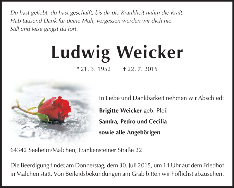  Traueranzeige für Ludwig Weicker vom 25.07.2015 aus Echo-Zeitungen (Gesamtausgabe)