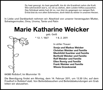 Traueranzeige von Marie Katharina Weicker von Echo-Zeitungen (Gesamtausgabe)