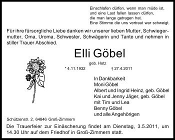 Traueranzeige von Elli Göbel von Darmstädter Echo, Odenwälder Echo, Rüsselsheimer Echo, Groß-Gerauer-Echo, Ried Echo
