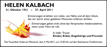 Traueranzeige von Helen Kalbach von Darmstädter Echo, Odenwälder Echo, Rüsselsheimer Echo, Groß-Gerauer-Echo, Ried Echo