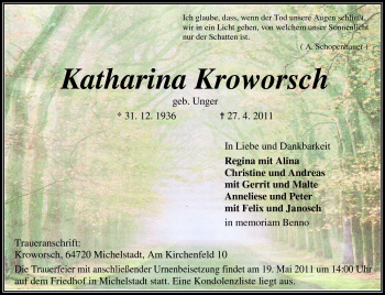 Traueranzeige von Katharina Kroworsch von Odenwälder Echo