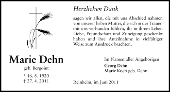 Traueranzeige von Marie Dehn von Darmstädter Echo, Odenwälder Echo, Rüsselsheimer Echo, Groß-Gerauer-Echo, Ried Echo