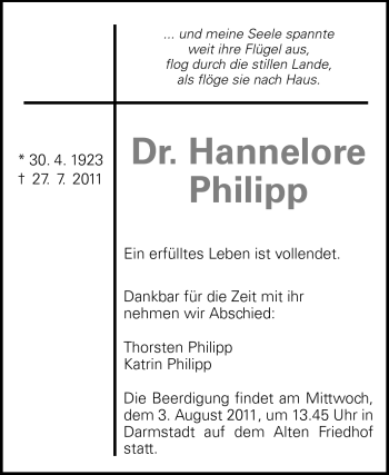 Traueranzeige von Hannelore Philipp von Darmstädter Echo, Odenwälder Echo, Rüsselsheimer Echo, Groß-Gerauer-Echo, Ried Echo