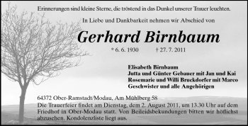 Traueranzeige von Gerhard Birnbaum von Darmstädter Echo, Odenwälder Echo, Rüsselsheimer Echo, Groß-Gerauer-Echo, Ried Echo