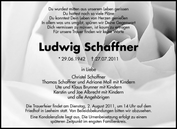 Traueranzeige von Ludwig Schaffner von Rüsselsheimer Echo, Groß-Gerauer-Echo, Ried Echo