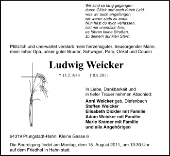 Traueranzeige von Ludwig Weicker von Echo-Zeitungen (Gesamtausgabe)