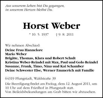 Traueranzeige von Horst Weber von Darmstädter Echo, Odenwälder Echo, Rüsselsheimer Echo, Groß-Gerauer-Echo, Ried Echo