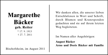 Traueranzeige von Margarethe Bäcker  von Rüsselsheimer Echo, Groß-Gerauer-Echo, Ried Echo