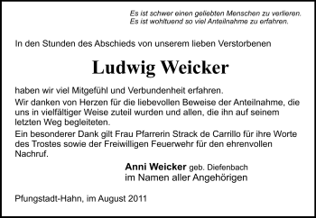 Traueranzeige von Ludwig Weicker von Echo-Zeitungen (Gesamtausgabe)