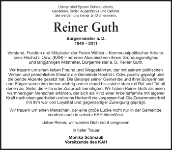 Traueranzeige von Reiner Guth von Odenwälder Echo