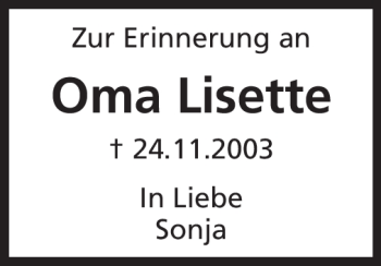 Traueranzeige von Oma Lisette von Odenwälder Echo