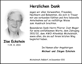 Traueranzeige von Ilse Eckstein von Odenwälder Echo