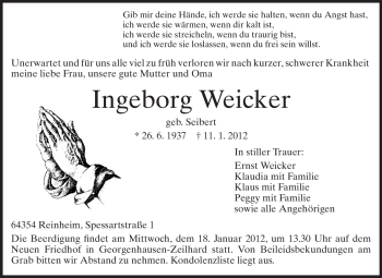 Traueranzeige von Ingeborg Weicker von Echo-Zeitungen (Gesamtausgabe)