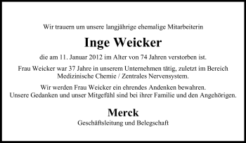 Traueranzeige von Ingeborg Weicker von Echo-Zeitungen (Gesamtausgabe)