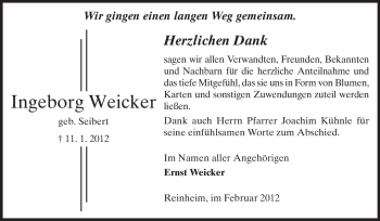 Traueranzeige von Ingeborg Weicker von Darmstädter Echo, Odenwälder Echo, Rüsselsheimer Echo, Groß-Gerauer-Echo, Ried Echo