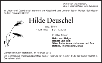 Traueranzeige von Hilde Deuschel von Rüsselsheimer Echo, Groß-Gerauer-Echo, Ried Echo