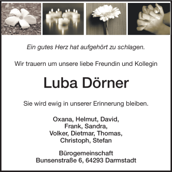 Traueranzeige von Luba Dörner von Darmstädter Echo, Odenwälder Echo, Rüsselsheimer Echo, Groß-Gerauer-Echo, Ried Echo