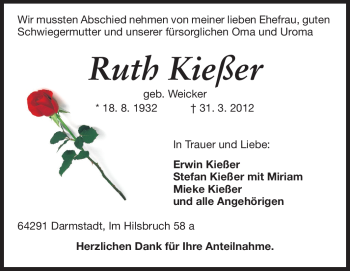 Traueranzeige von Ruth Kießer von Echo-Zeitungen (Gesamtausgabe)