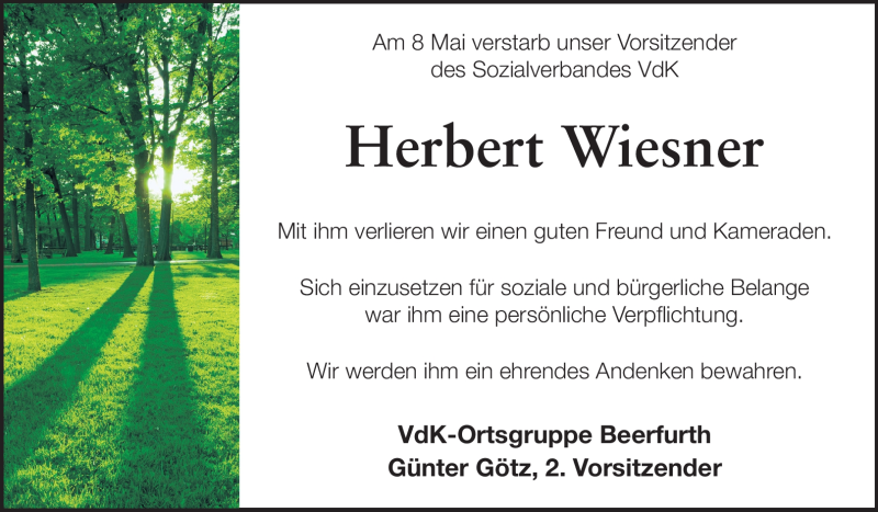  Traueranzeige für Herbert Wiesner vom 12.05.2012 aus Odenwälder Echo