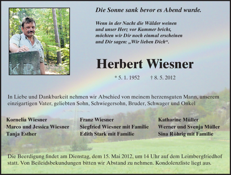  Traueranzeige für Herbert Wiesner vom 12.05.2012 aus Odenwälder Echo