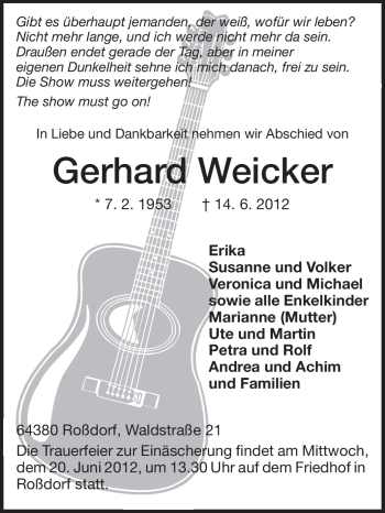 Traueranzeige von Gerhard Weicker von Echo-Zeitungen (Gesamtausgabe)