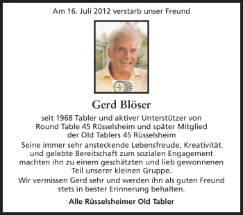 Traueranzeige von Gerd Blöser von Rüsselsheimer Echo, Groß-Gerauer-Echo, Ried Echo