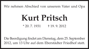 Traueranzeige von Kurt Pritsch von Echo-Zeitungen (Gesamtausgabe)