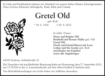 Traueranzeige von Gretel Old von Echo-Zeitungen (Gesamtausgabe)