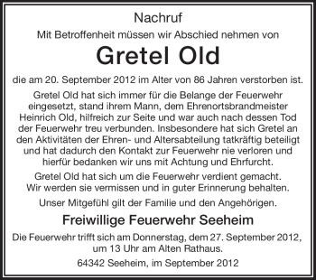 Traueranzeige von Gretel Old von Echo-Zeitungen (Gesamtausgabe)