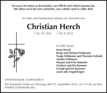 Traueranzeige von Christian Herch von Echo-Zeitungen (Gesamtausgabe)