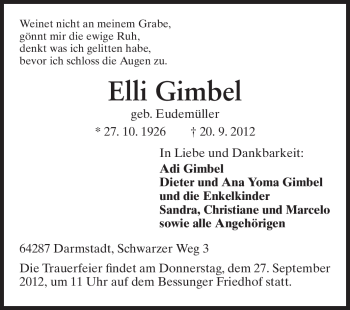 Traueranzeige von Elli Gimel von Echo-Zeitungen (Gesamtausgabe)