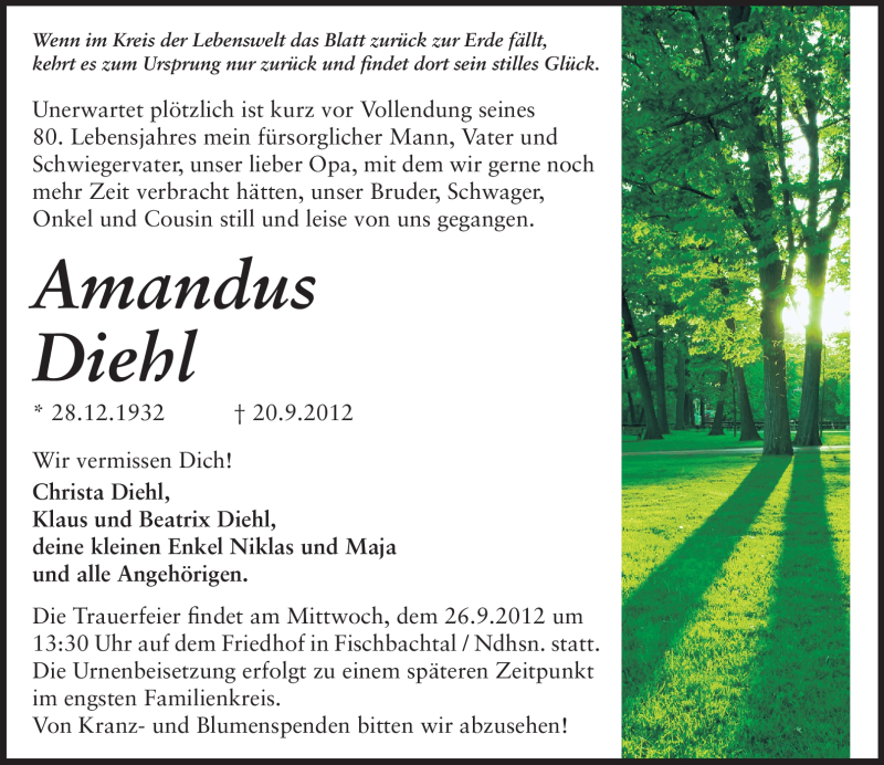  Traueranzeige für Amandus Diehl vom 24.09.2012 aus Echo-Zeitungen (Gesamtausgabe)