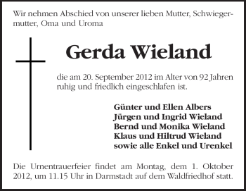 Traueranzeige von Gerda Wieland von Echo-Zeitungen (Gesamtausgabe)