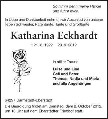 Traueranzeige von Katharina Eckhardt von Echo-Zeitungen (Gesamtausgabe)