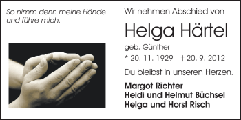 Traueranzeige von Helga Härtel von Echo-Zeitungen (Gesamtausgabe)