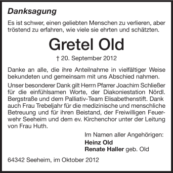 Traueranzeige von Gretel Old von Echo-Zeitungen (Gesamtausgabe)