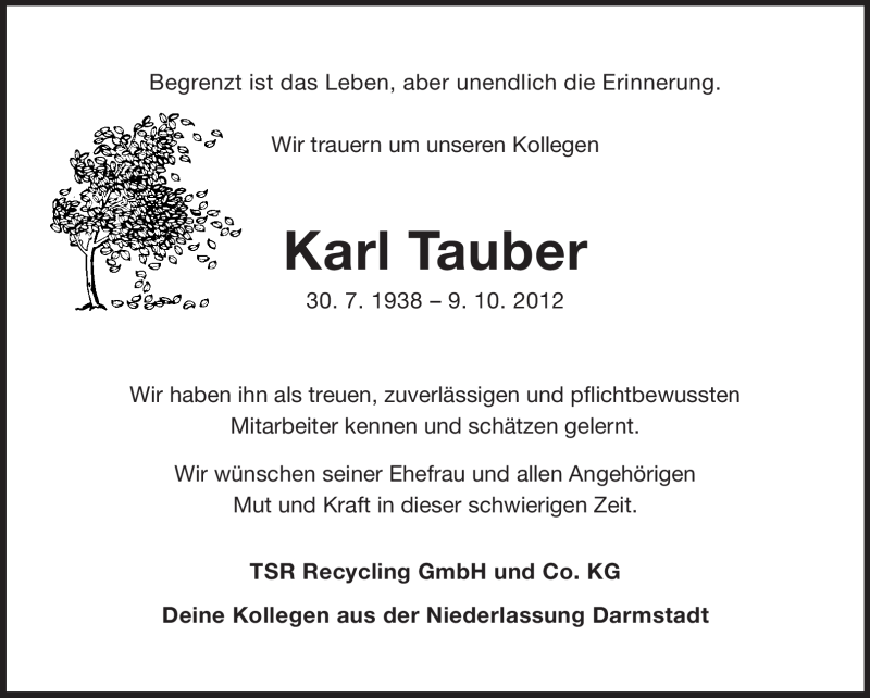  Traueranzeige für Karl Tauber vom 13.10.2012 aus Echo-Zeitungen (Gesamtausgabe)